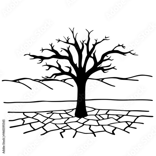 Vector Illustration of a Dying Tree in a Desert Landscape, Representing Deforestation and the Impact of Drought, Suitable for Ecology Reports and Conservation Projects.