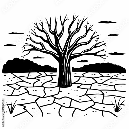 Vector Illustration of a Dying Tree in a Desert Landscape, Representing Deforestation and the Impact of Drought, Suitable for Ecology Reports and Conservation Projects.
