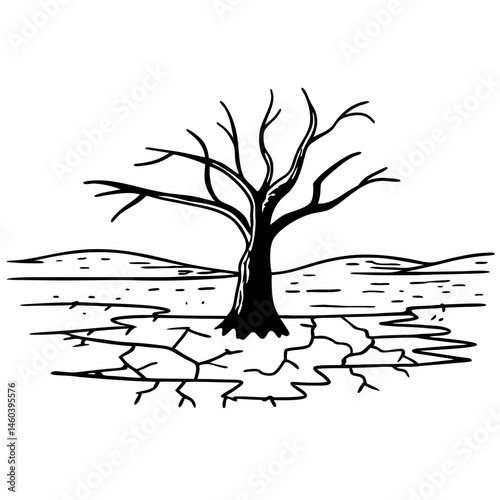 Vector Illustration of a Dying Tree in a Desert Landscape, Representing Deforestation and the Impact of Drought, Suitable for Ecology Reports and Conservation Projects.