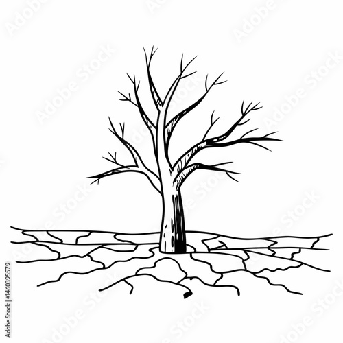 Vector Illustration of a Dying Tree in a Desert Landscape, Representing Deforestation and the Impact of Drought, Suitable for Ecology Reports and Conservation Projects.