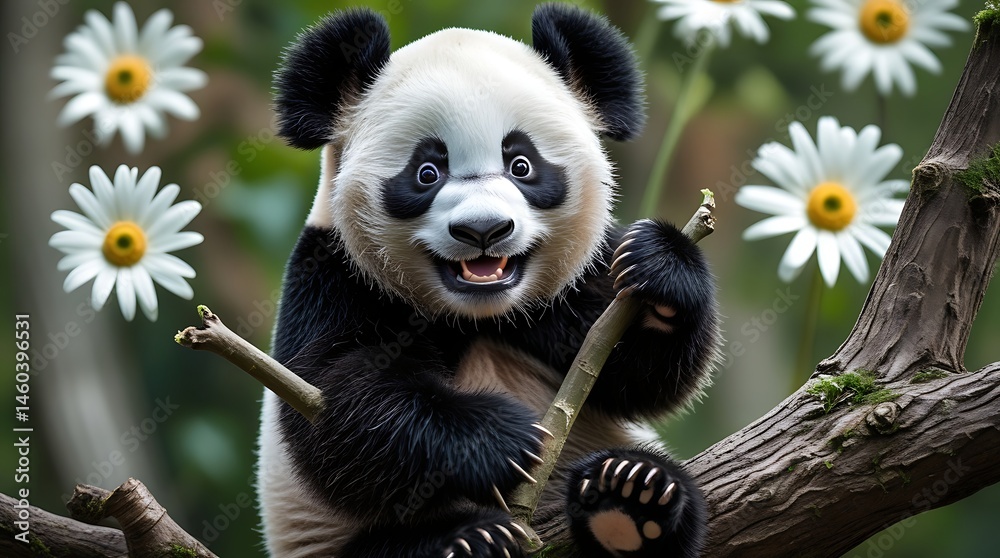 Fototapeta premium Adorable young panda sitting on a tree branch surrounded by white daisies in a lush green forest, looking cheerful and expressive with bright eyes and playful posture 