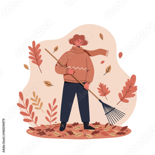 Person raking dry autumn leaves in cozy warm clothing seasonal outdoor activity vector illustration 