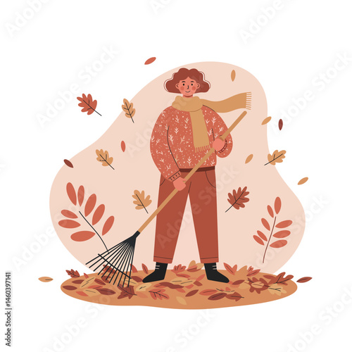 Woman raking autumn leaves in cozy scarf and sweater seasonal outdoor activity vector illustration 