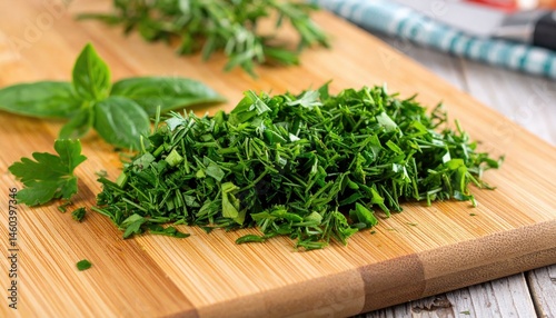 Freshly chopped herbs on a wooden cutting board. Perfect for culinary websites, blogs, and recipe books.