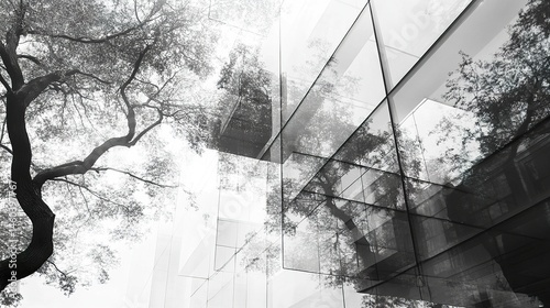 Double exposure of a modern glass facade and sprawling tree branches, highlighting the integration of nature into urban spaces.  