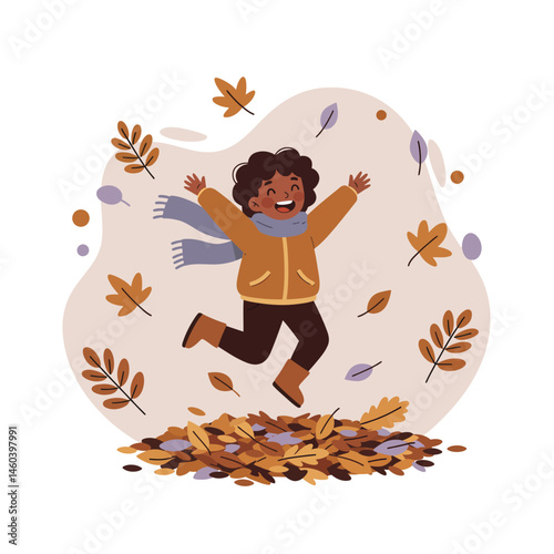 Child jumping into pile of autumn leaves wearing scarf and jacket cheerful fall activity vector illustration 