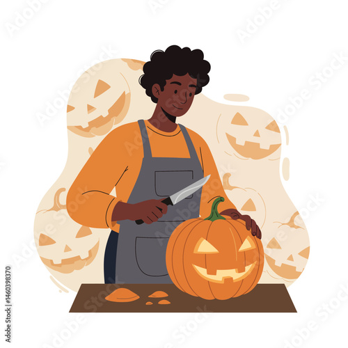 Young man carving pumpkin for Halloween celebration with jack-o-lantern faces and orange colors in festive autumn setting 