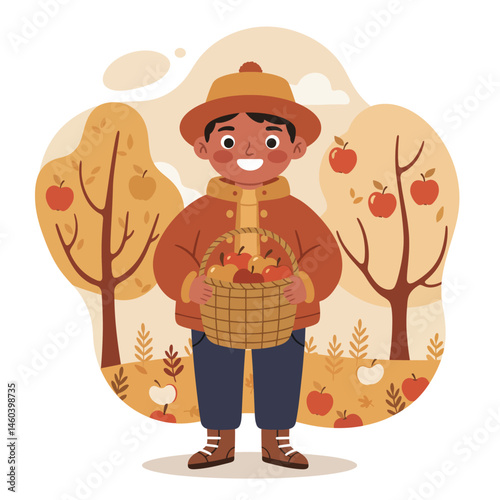 Boy Holding Basket of Apples in Autumn Orchard with Apple Trees and Falling Leaves Vector Illustration 