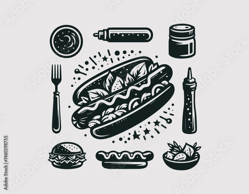 Hot dog with mustard and lettuce vector logo. Flat food icon design in modern style for restaurant branding.