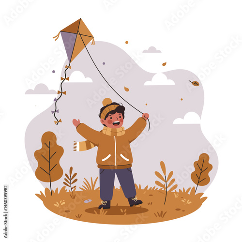 Child flying kite in autumn park with brown leaves and cozy clothing vector illustration 