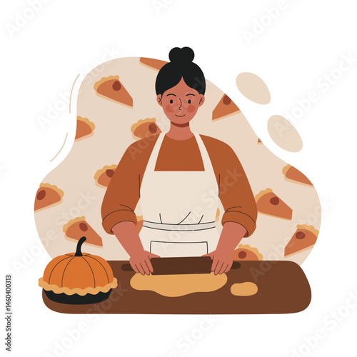 Woman baking pumpkin pie in kitchen with autumn dessert background and warm colors vector illustration 