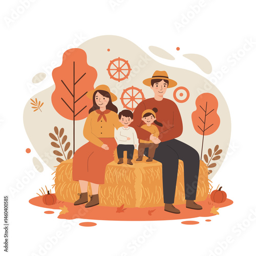 Autumn family sitting on haystack with trees and pumpkins in fall season outdoor scene vector illustration 
