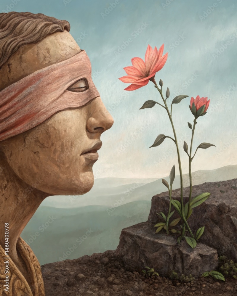 A clay face with one eye blindfolded while the other gazes at a blooming flower portraying selective perception where positivity is chosen over negativity.