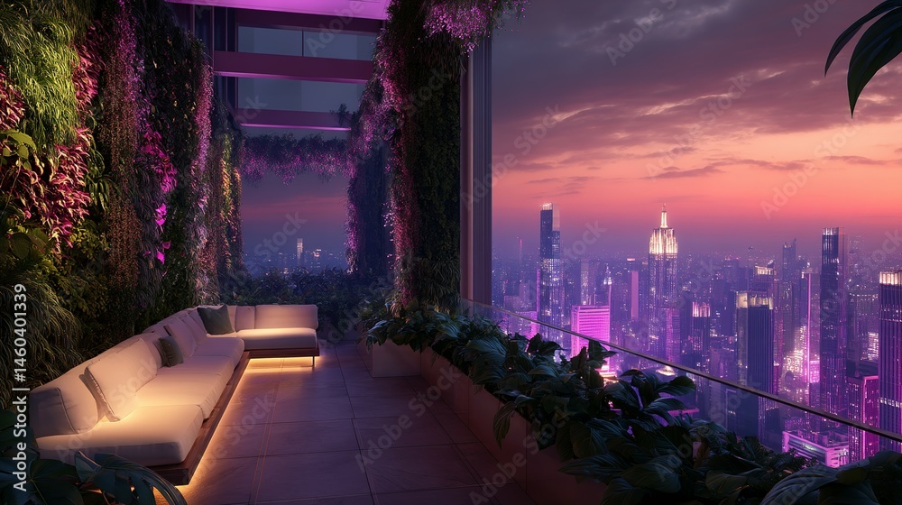 Fototapeta premium Urban rooftop terrace design with lush greenery.
