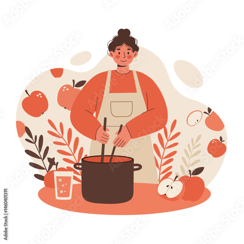 Woman cooking healthy apple recipe with fresh fruit ingredients and juice in warm autumn colors vector illustration 