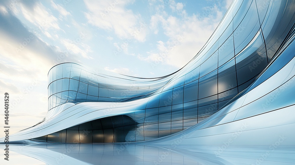 Obraz premium Futuristic office building with flowing glass curves, low-angle 3D rendering showcasing dynamic lines and a cutting-edge design. 