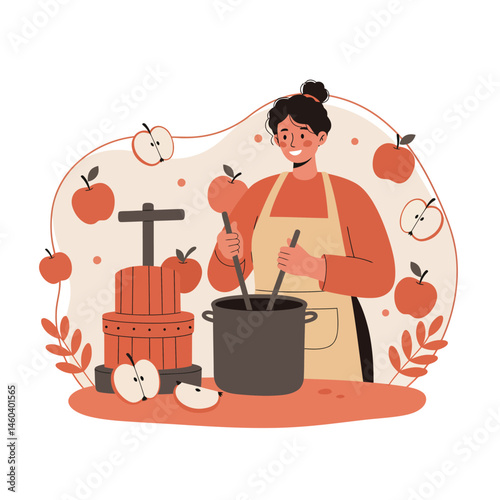 Woman making fresh apple juice with manual press and pot in autumn colors vector illustration 