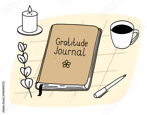 Hand-drawn vector illustration of a gratitude journal with coffee, candle, pen, and leaf. Calm and cozy design for self-care, mindfulness, journaling, or wellness-themed content.