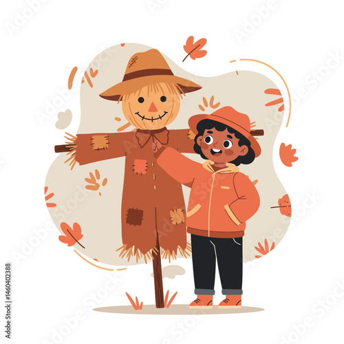 Child standing beside a friendly scarecrow with autumn leaves in a cozy fall outfit vector illustration 