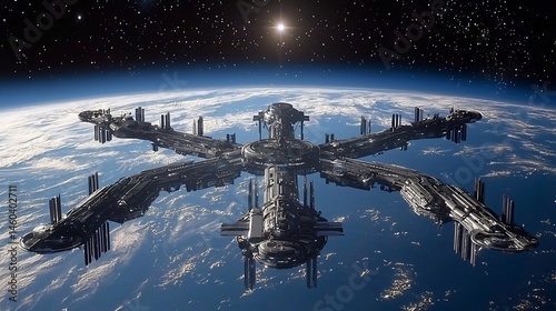 Fototapeta Naklejka Na Ścianę i Meble -  Colossal space station orbiting distant star massive docking bays and luminous corridors cinematic spaceport
