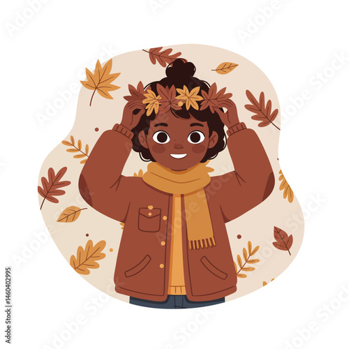 Child wearing autumn jacket and scarf surrounded by falling leaves in warm brown and orange hues vector illustration 