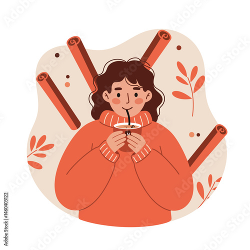 Person enjoying warm cinnamon drink in cozy orange sweater with cinnamon sticks and fall leaves vector illustration 