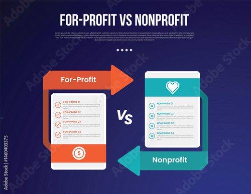for profit vs nonprofit infographic for comparison data with price table box with arrow opposite direction with modern dark gradient style background with 2 point information