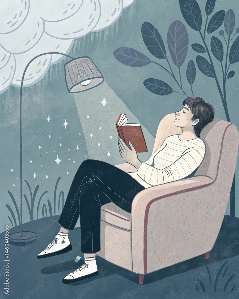 An individual reading a comedic book in a cozy armchair highlighting how humor can serve as a coping mechanism providing relief from stress and anxiety.
