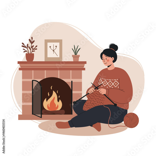 Woman Knitting by Fireplace in Cozy Home Interior with Plants and Warm Autumn Colors Vector Illustration 