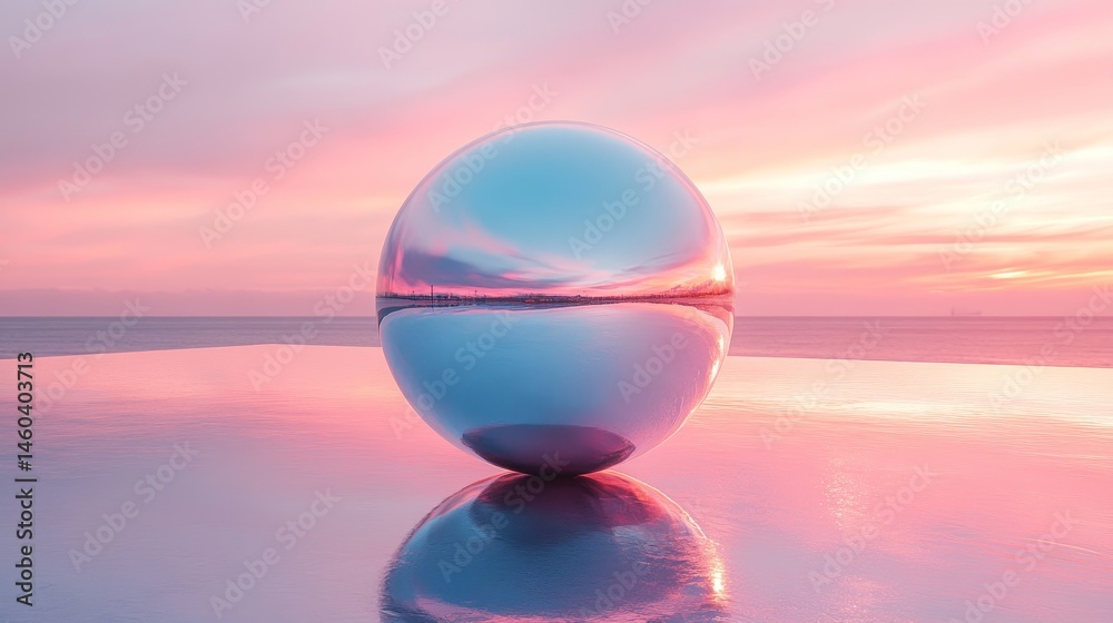 Reflective sphere resting on tranquil water surface at sunset. Reflective sphere resting on tranquil water surface at sunset.