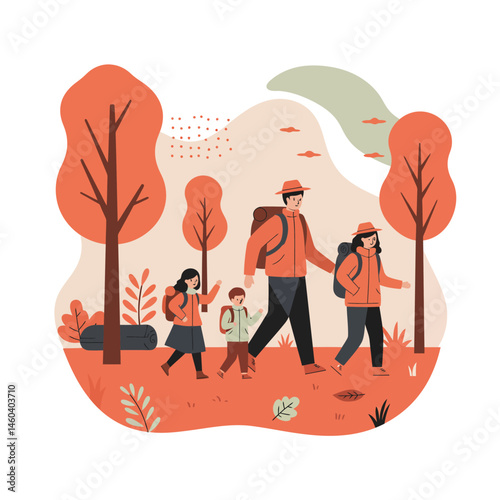 Family hiking outdoors enjoying autumn forest nature walk with backpacks and hats in orange and brown colors 