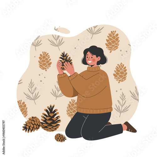 Woman holding pine cones and kneeling with autumn leaves background in warm brown colors vector illustration 