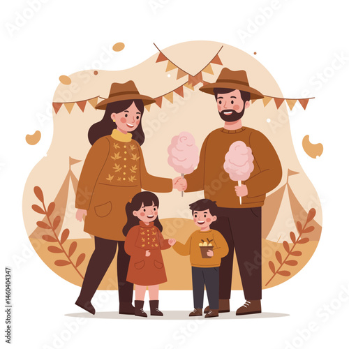 Family enjoying autumn festival with cotton candy and seasonal decorations in warm brown tones vector illustration 