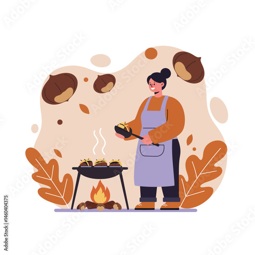 Woman cooking barbecue outdoors with fire and autumn leaves vector illustration in warm brown tones 