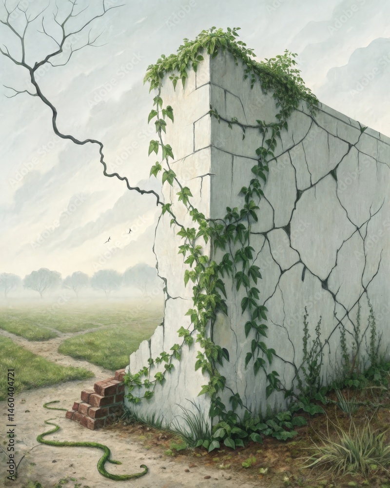 A crumbling wall with vines overtaking it representing the struggle between the conscious mind and repressed emotions or desires.