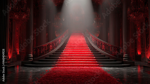 Red carpet with spotlight and flash, red carpet and ceremonial vip staircase, close up, vip luxury entrance with red carpet, interior of the palace, digital ai