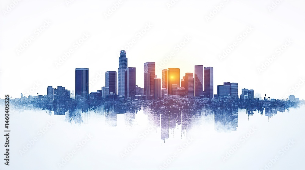Naklejka premium Los Angeles cityscape, minimalist style with the skyline isolated on a white background, showcasing architectural diversity.