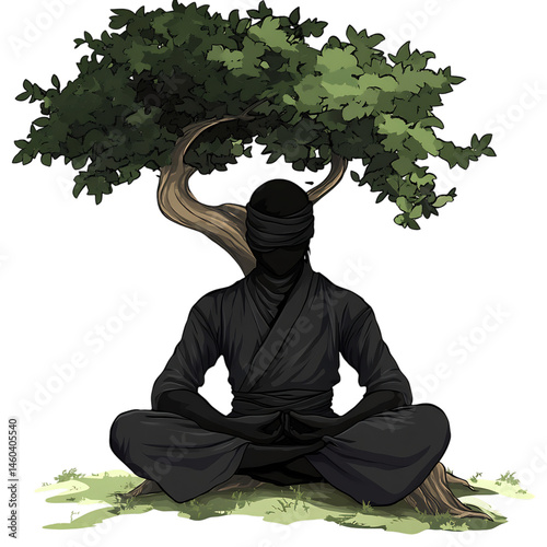 A Cartoon Ninja Meditating Under a Tree Isolated on Transparent Background