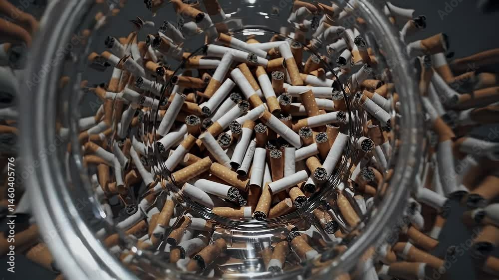 Detailed slider shot jar packed used cigarette butts highlighting gritty textures ashes environmental waste close urban scene