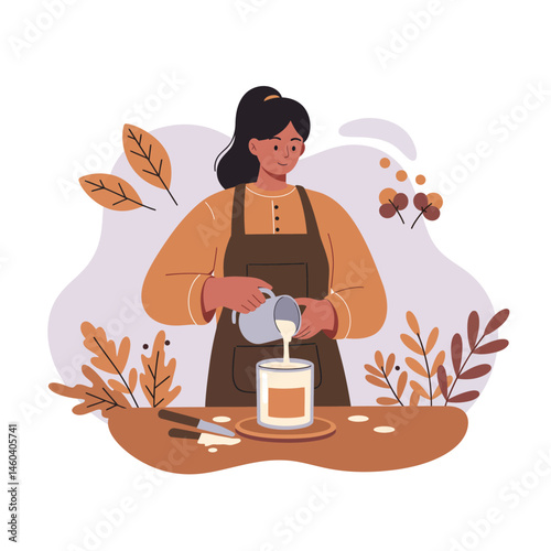 Woman pouring milk into glass with autumn leaves and warm earthy colors cozy kitchen scene vector illustration 