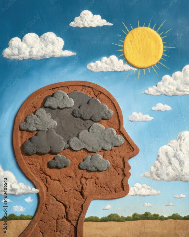 A clay thought bubble filled with storm clouds gradually morphing into a sunny sky illustrating the shift from negative to positive thinking.