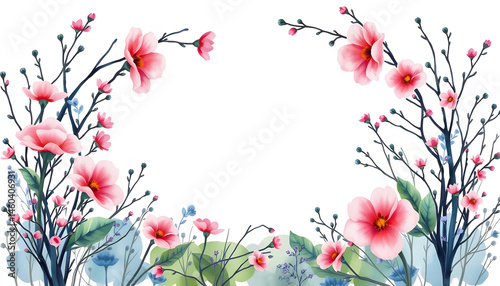 Watercolor painted floral curved frame. Pink flowers, blue black wild meadow twigs, branches, leaves, moss. Hand drawn illustration template. Watercolour artistic template design, 8k  p. with white 