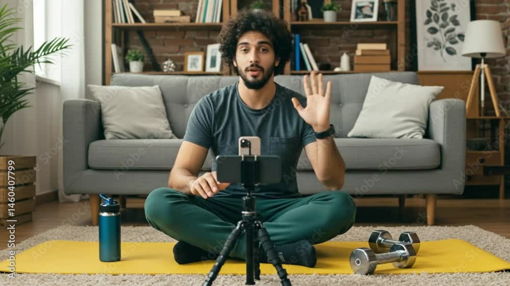 Young man with curly hair greets viewers during a live online fitness class from his home living room He sits cross legged on a yoga mat with weights nearby