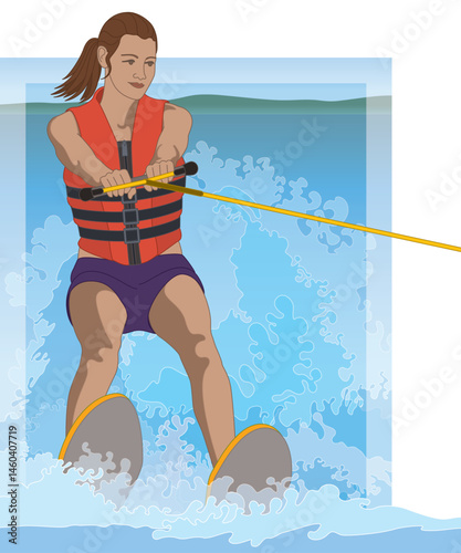water skiing, female skier holding tow rope riding on open water with spray against a blue sky background