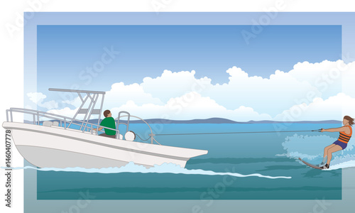 water skiing, female skier pulled behind by a speed boat over open water with a blue sky in the background