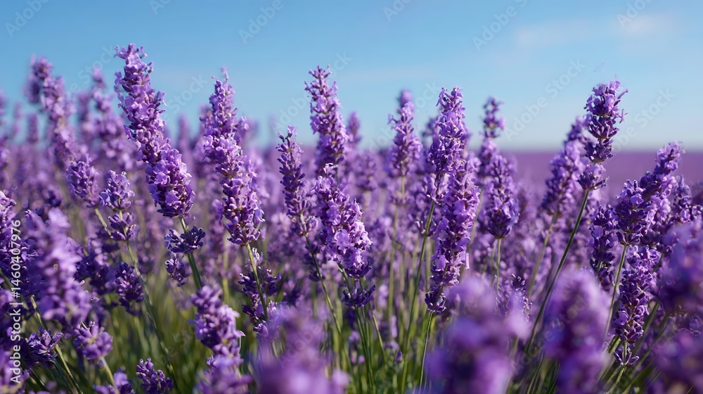 Naklejka premium Serene lavender field under clear sky evoking tranquility and natural beauty