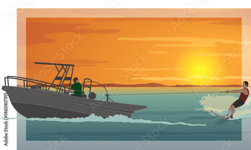 water skiing, male skier pulled behind by a speed boat over open water with a beautiful sunset in the background