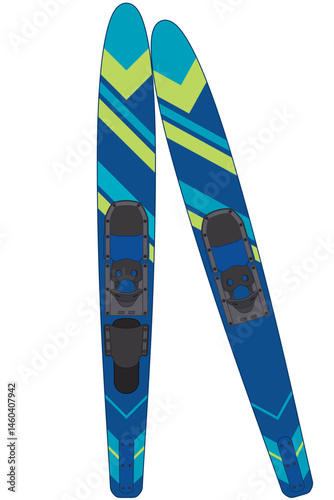 water skiing, pair of blue water skis isolated on a white background
