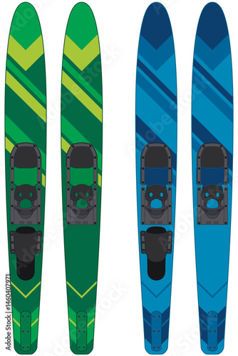 water skiing, two pairs of water skis blue and green, isolated on a white background
