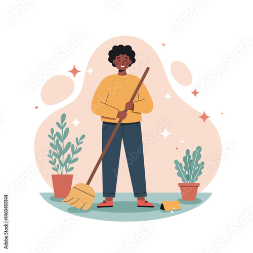 Person sweeping floor with broom in casual clothes surrounded by house plants and sparkles vector illustration 